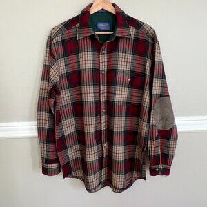 VTG Pendleton Flannel Shirt Plaid 100% Virgin Wool Elbow Patches Made In USA